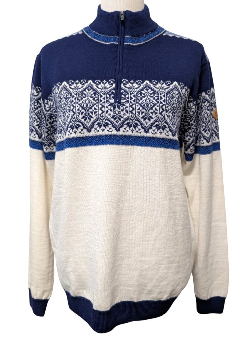 Icewear Mens Size L Hamar 100% Merino Wool Nordic 1/4 Zip Blue White Sweater